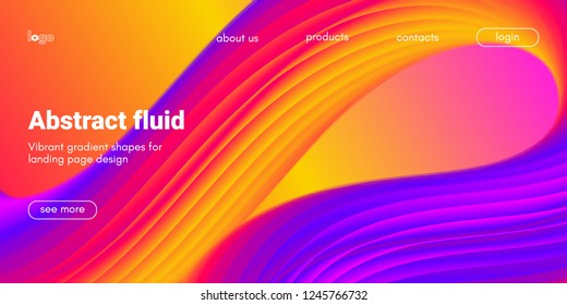 Colorful 3d Abstract Background. Landing Page Concept. Neon Fluid Shape Vector Composition. Glow Banner with Wave Gradient Shapes. 3d Poster for Website Design. Movement of 3d Abstract Liquid Forms.