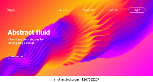 Colorful 3d Abstract Background. Landing Page Concept. Neon Fluid Shape Vector Composition. Glow Banner with Wave Gradient Shapes. 3d Poster for Website Design. Movement of 3d Abstract Liquid Forms.