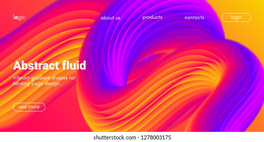 Colorful 3d Abstract Background. Landing Page Concept. Neon Fluid Shape Vector Composition. Glow Banner with Wave Gradient Shapes. 3d Poster for Website Design. Movement of 3d Abstract Liquid Forms.