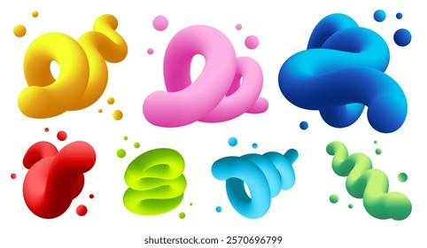 Colorful 3D abstract shapes in yellow, pink, blue, red, green. Abstract forms with smooth, vibrant textures. Dynamic abstract design with bold colors. Colorful 3d element vector set.