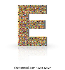 Colorful 3D Alphabet Letter E with reflection on white glossy surface