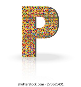 Colorful 3D Alphabet Letter P with reflection on white glossy surface