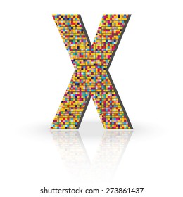 Colorful 3D Alphabet Letter X with reflection on white glossy surface