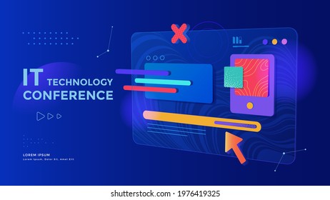 Colorful 3D application interface. Banner for IT online conference. Modern technology background with place for text.