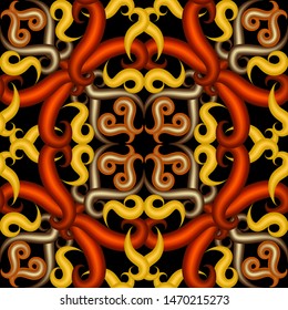 Colorful 3d arabesque vector seamless pattern. Ornamental bright arabic background. Ethnic style hand drawn floral ornament with line art tracery vintage flowers, leaves, lines, swirls. Ornate design