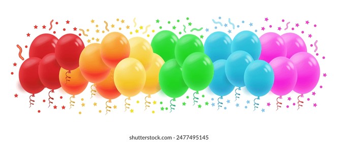 Colorful 3D Balloon Bunch on White Background - High-Quality Glossy Balloons with Ribbons