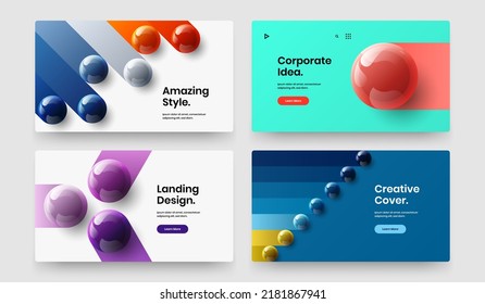 Colorful 3D balls magazine cover layout collection. Simple web banner vector design template composition.
