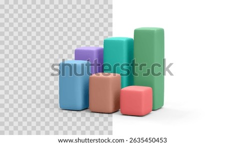 Colorful 3D Bar Chart With Rounded Blocks In Transparent Background. Abstract Business Graph For Data Visualization, Analytics Dashboard, And Financial Reports. Vector Illustration