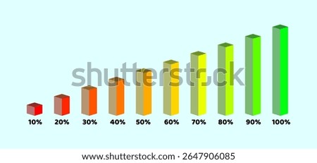 Colorful 3D bar chart showing rising percentage values from 10 to 100 percent, perfect for business growth, financial stats, marketing reports, or data visuals