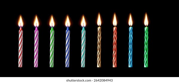 Colorful 3d birthday candle set with lit flames - realistic metallic twisted and striped spiral designs in various festive colors for cake decorating, party invitations or celebration greeting cards.