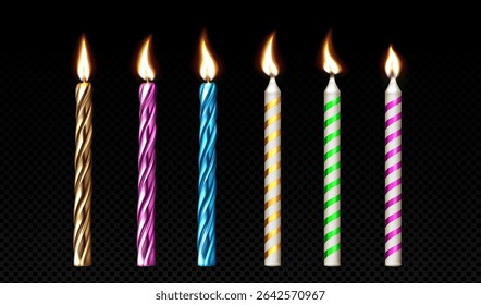 Colorful 3d birthday candle set with lit flames - realistic metallic twisted and striped spiral designs in various festive colors for cake decorating, party invitations or celebration greeting cards.