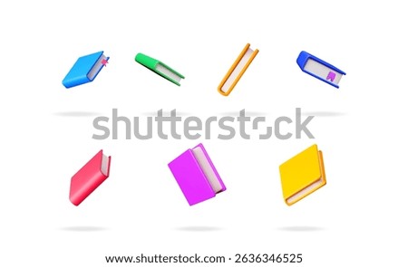 Colorful 3d books floating. Stack of education book set. School reading content, library, dictionary, textbook concept.