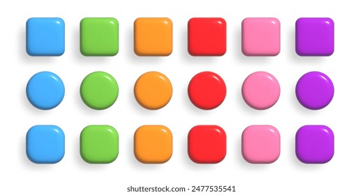 Colorful 3d buttons collection. UI UX design elements set. Realistic glossy squared and rounded badges.