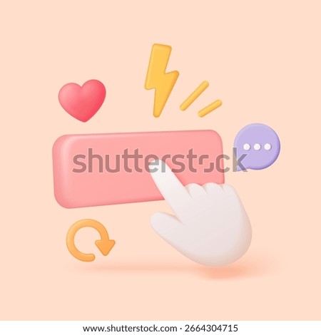Colorful 3d call-to-action button with hand pointer heart lightning chat and refresh icons on soft background, perfect for web design marketing and user interface vector illustration