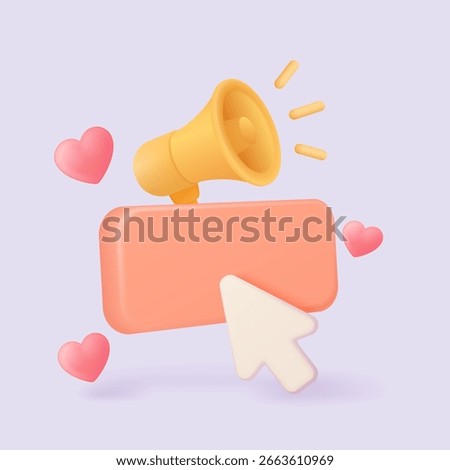 Colorful 3d call-to-action button with megaphone, cursor arrow, and floating hearts on a light background perfect for marketing promotions and website engagement vector illustration