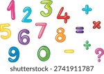 Colorful 3D cartoon numbers and math symbols set for kids. Vector illustration of glossy educational numerals from zero to nine with basic mathematical operators on white background.