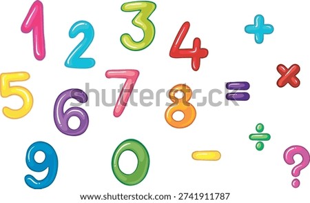 Colorful 3D cartoon numbers and math symbols set for kids. Vector illustration of glossy educational numerals from zero to nine with basic mathematical operators on white background.
