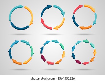 Colorful 3d Circle Arrows Set With Three Four Five Six Eight Nine Parts On Gray Background. Isolated Vector Illustration