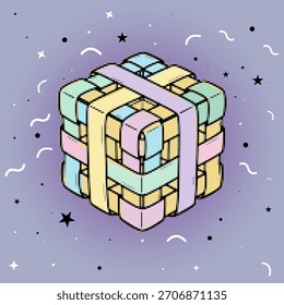 A colorful 3d cube or block wrapped with a ribbon in a retro pop art comic style with a halftone effect,