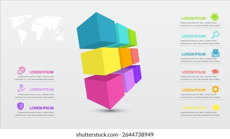 A colorful 3d cubes infographic with icons and text placeholders on both sides, modern design with world map background for business presentation