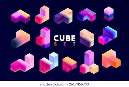 Colorful 3D cubes. Set of multicolor vector geometric shapes.
