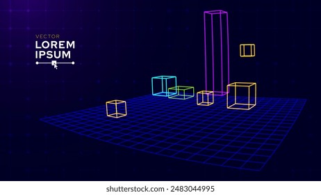 Colorful 3D Cubes Wireframe Abstract Background. Technology Shapes Retro 3D Editor Software Concept. Perspective Geometric Shapes. Vector Illustration.