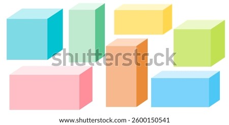 Colorful 3D cuboid shapes set in flat style, geometric blocks collection, abstract minimal design elements for backgrounds and layouts