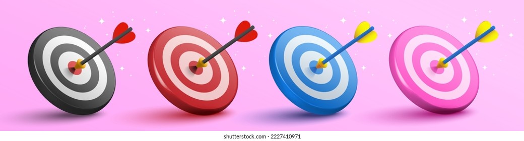 Colorful 3d dart hit to center of dartboard. Arrow on bullseye in target. Business success, investment goal, opportunity challenge, aim strategy, achievement focus concept. 3d vector illustration