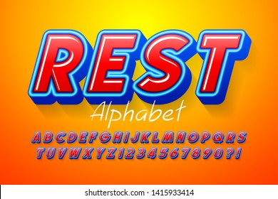 Colorful 3d display font design, alphabet, letters and numbers.15 degree skew