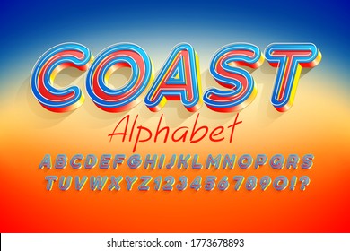 Colorful 3d display font design, alphabet, letters and numbers. Swatch color control. 14 degree skew
