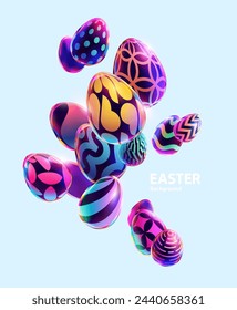 Coloridos huevos de Pascua en 3D. Fondo festivo de las vacaciones.