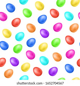 Colorful 3d easter eggs on white background. Seamless pattern. Vector illustration, all rainbow colors. Ideal for celebrating Easter designs, greeting cards, prints and more