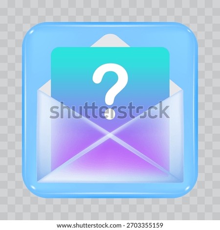 Colorful 3D email icon with a question mark on a message inside an open envelope, representing mystery email, spam, unknown sender, or inquiry message. Ideal for web, app, or support content.