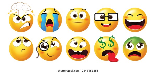 Colorful 3D emoji faces featuring emotions like anger, nerdy, shock, money eyes, crying, confused, and silly. Great for chats, reactions, stickers, and social content.