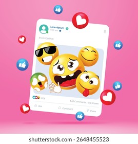 Colorful 3D emoji faces with fun expressions bursting from a tilted social media post on pink background. Ideal for digital engagement, social content, or positivity campaigns.