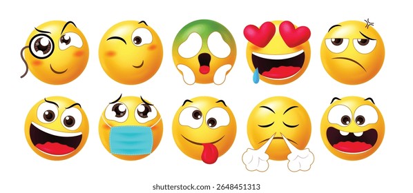 Emojis coloridos em 3D apresentam expressões peculiares, como wink, nerd, nojo, apaixonado, mascarado, com raiva e língua para fora. Ideal para bate-papos, reações e elementos de interface do usuário.