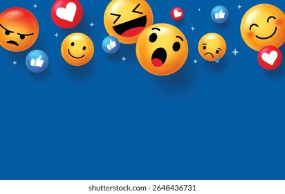 Colorful 3D emojis and reaction icons floating on blue background. Ideal for banners, social engagement, digital media, or fun communication designs.