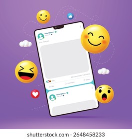Emojis 3D coloridos e ícones sociais flutuando em torno de um smartphone mockup de um post de mídia social. Excelente para marketing digital, conteúdo divertido, promoção de aplicativos e visuais de engajamento.