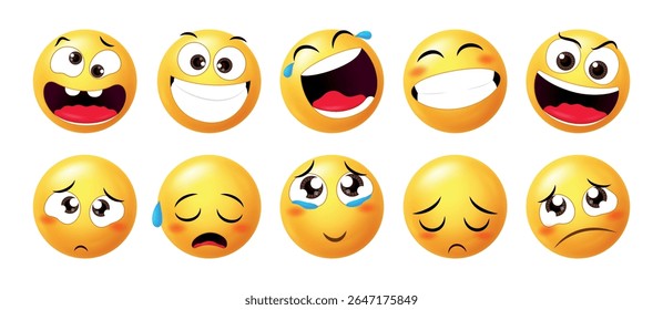 Colorful 3D emoticons displaying a range of facial expressions – happy, sad, laughing, crying. Perfect for mood, chat, and communication concepts.