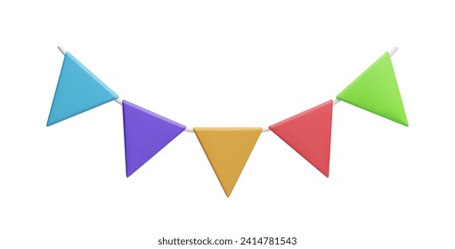 Colorful 3D flag garland hanging decoration. Birthday party, holiday carnival festival, congratulation celebration decor element isolated on white. Realistic render 3D flag garland bunting vector.