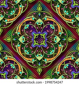 Colorful 3d floral seamless pattern. Vector ornamental striped background. Textured repeat bright backdrop. Tribal ethnic style ornaments. Vintage flowers, leaves, stripes. Decorative ornate design.