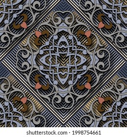 Colorful 3d floral seamless pattern. Vector ornamental striped background. Textured repeat backdrop. Arabesque Damask style ornaments Vintage flowers, leaves, stripes. Decorative ornate modern design.