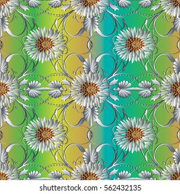 Colorful 3d flowers seamless pattern background wallpaper illustration with vintage curl  leaves and  decorative surface floral ornaments. Abstract elegance vector endless fabric  texture. 