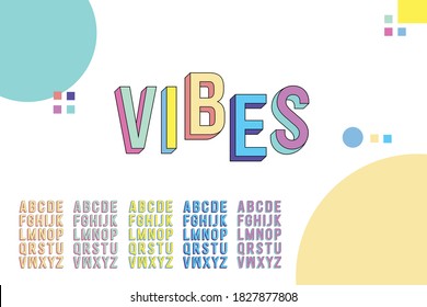 Colorful 3d font, 90's alphabet letters. Retro style colorful font design. Vector Illustration. Vibes font bold style cute color for t shirt, flyer, decoration, card, sale banner etc