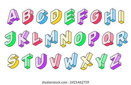 Colorful 3d font. Geometric vector alphabet. Letters perspective cubic blocks