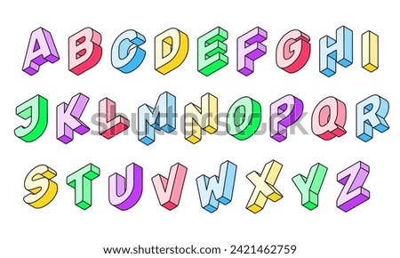 Colorful 3d font. Geometric vector alphabet. Letters perspective cubic blocks