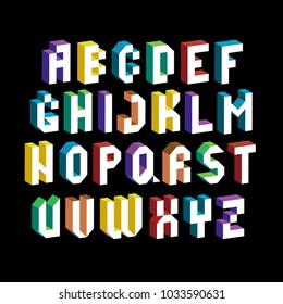 Colorful 3d Font. Isometric letters set isolated on black background. Typographic print. Block Typefont. Hipster ABC. Vector illustration.