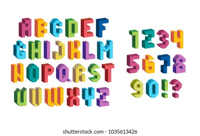Colorful 3d Font. Isometric letters and Digits set isolated on white background. Typographic print. Block Typefont. Hipster ABC and Numbers. Vector illustration.