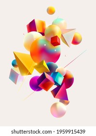 Colorful 3D geometric shapes on white background. Abstract vector composition.