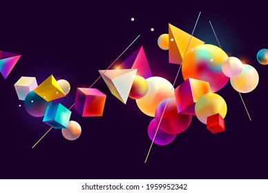 Colorful 3D geometric shapes on black background. Abstract vector composition.